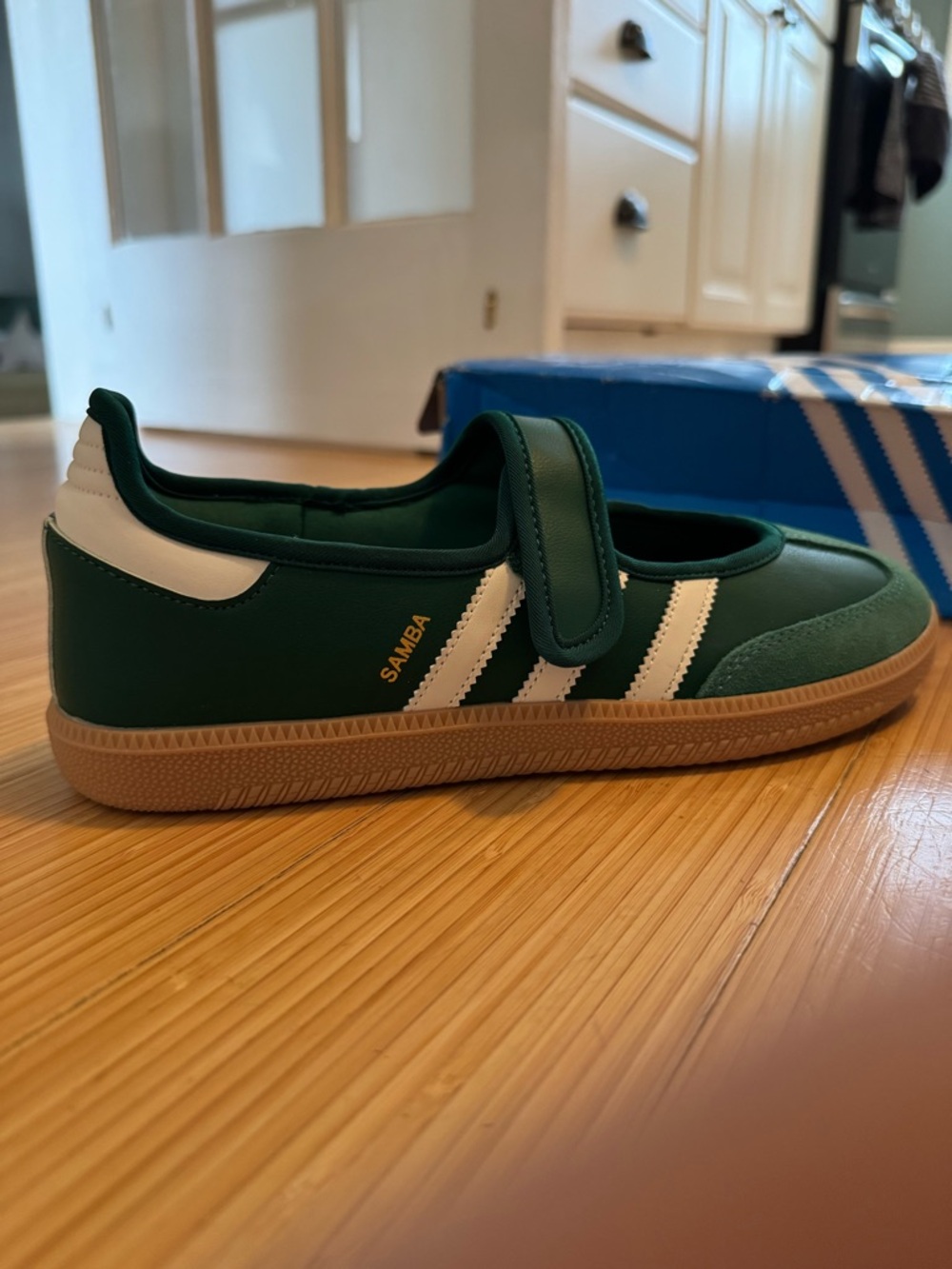 adidas women’s Samba Green & White Velcro Sneakers with Gum Sole